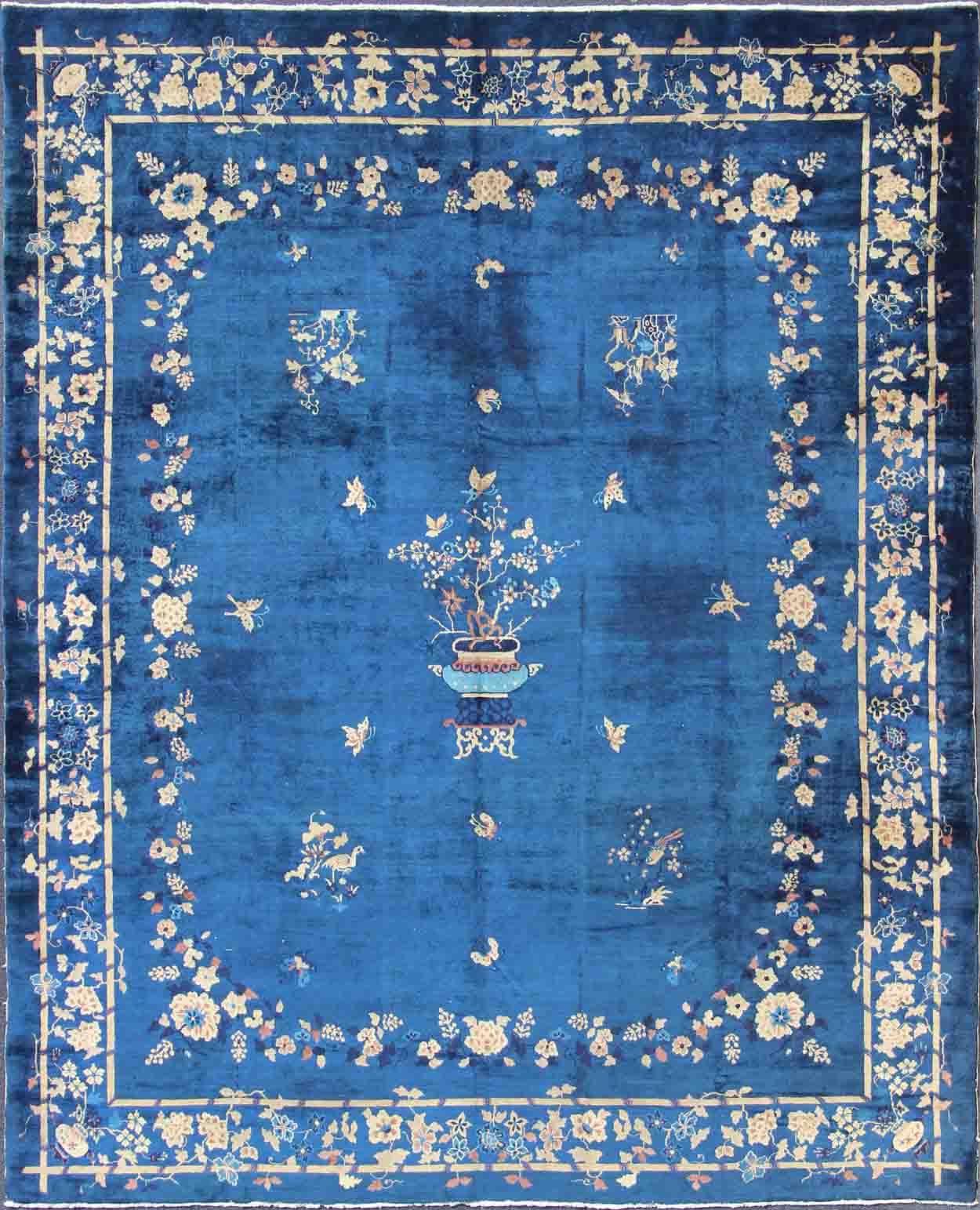Antique Chinese Peking Rug in Navy Blue with Medallion Flower Vases and Vines. Antique Chinese rug. Chinese Peking rug. Keivan Woven Arts / rug 19 - 0802, country of origin / type: China / Peking , circa 1890. Measures: 12'4 x 14'6. Alive with col... - Keivan Woven Arts19 - 0802 - 11505Rug