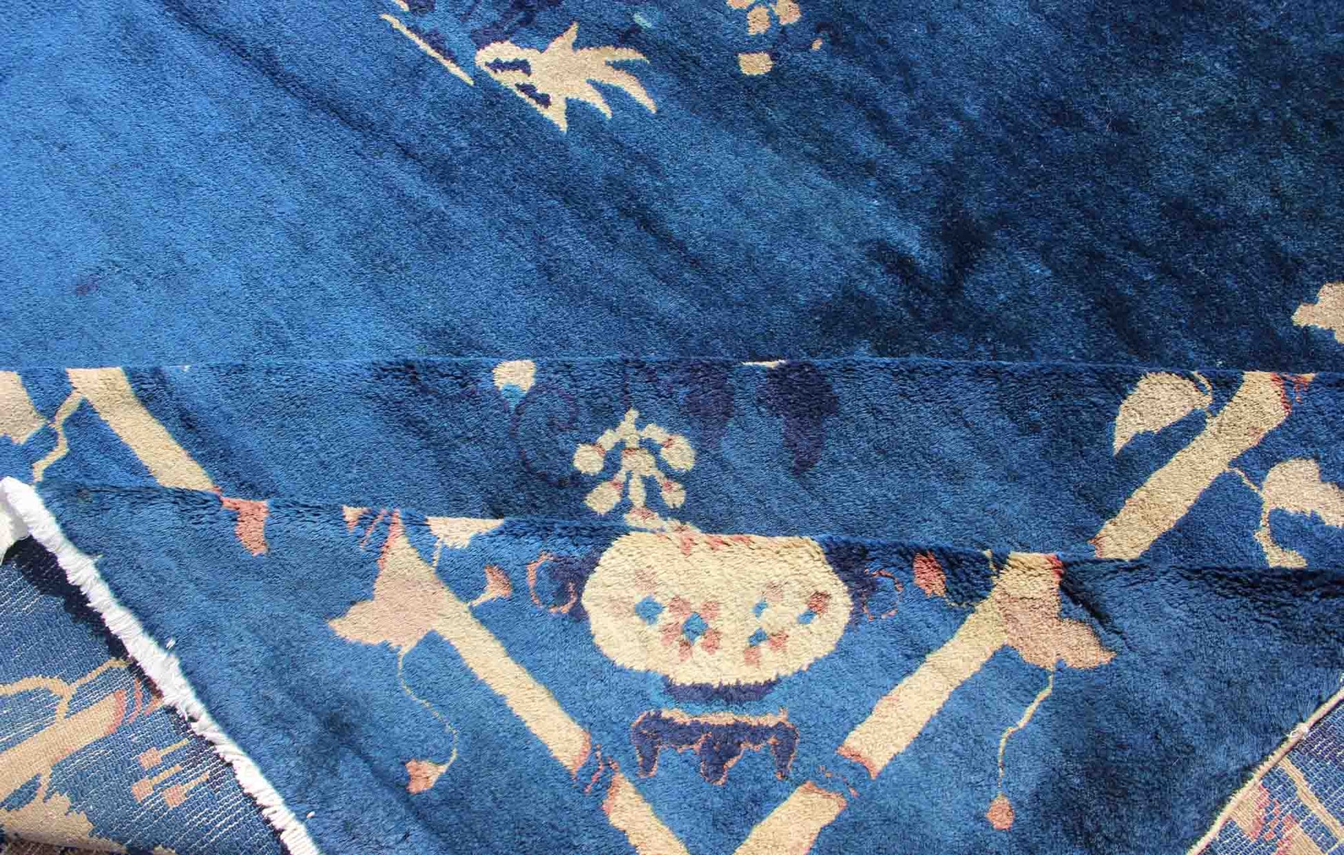 Antique Chinese Peking Rug in Navy Blue with Medallion Flower Vases and Vines. Antique Chinese rug. Chinese Peking rug. Keivan Woven Arts / rug 19 - 0802, country of origin / type: China / Peking , circa 1890. Measures: 12'4 x 14'6. Alive with col... - Keivan Woven Arts19 - 0802 - 11505Rug