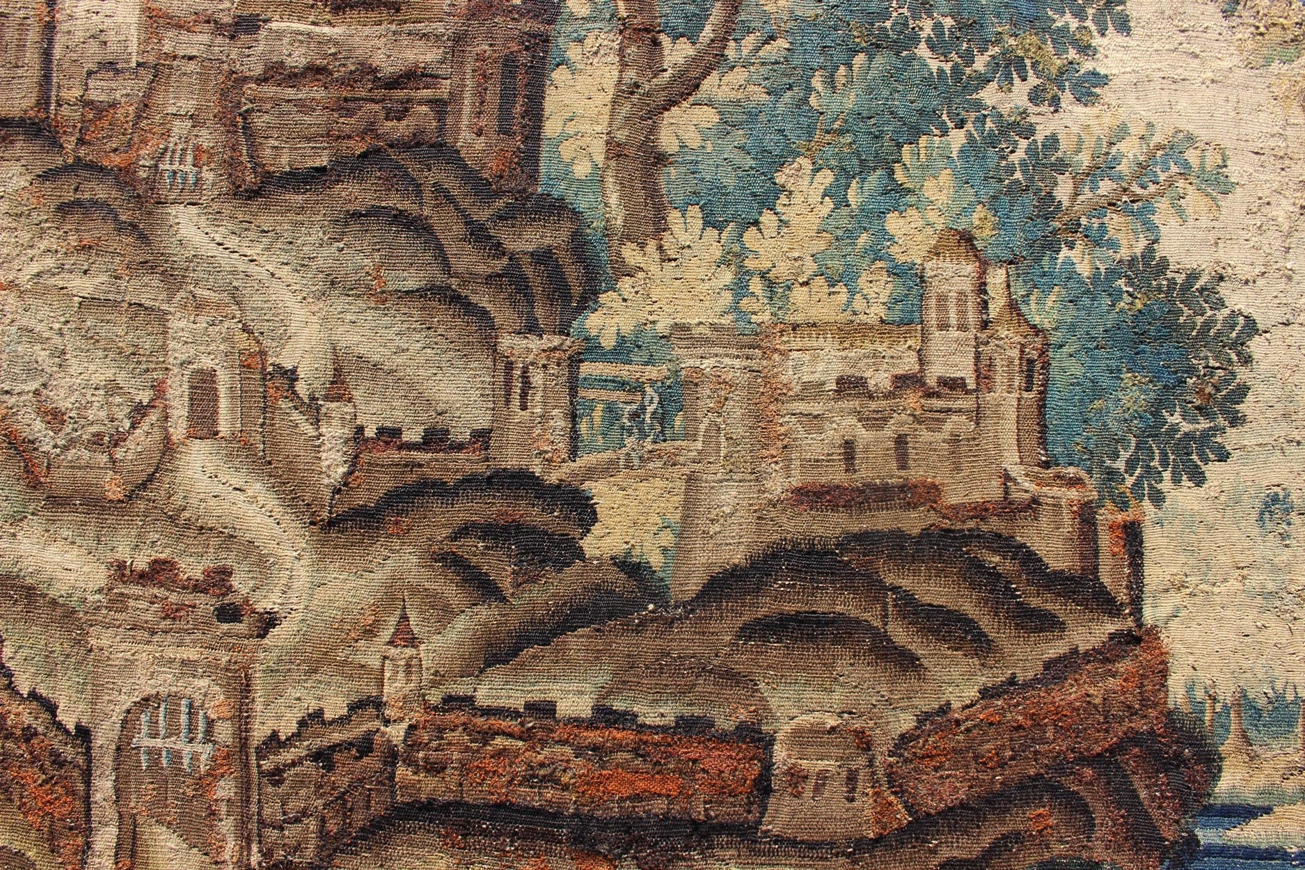 Antique 17th Century Scenic Tapestry with Abundant Vegetation and Floral Border. This wonderful antique 17th century tapestry beautifully illustrates the remarkable sense of depth and richness that was perfected by artisans of the 17th century. A r... - Keivan Woven Arts19 - 0803 - 11511Rug