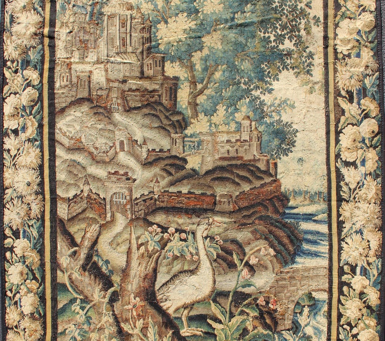 Antique 17th Century Scenic Tapestry with Abundant Vegetation and Floral Border. This wonderful antique 17th century tapestry beautifully illustrates the remarkable sense of depth and richness that was perfected by artisans of the 17th century. A r... - Keivan Woven Arts19 - 0803 - 11511Rug