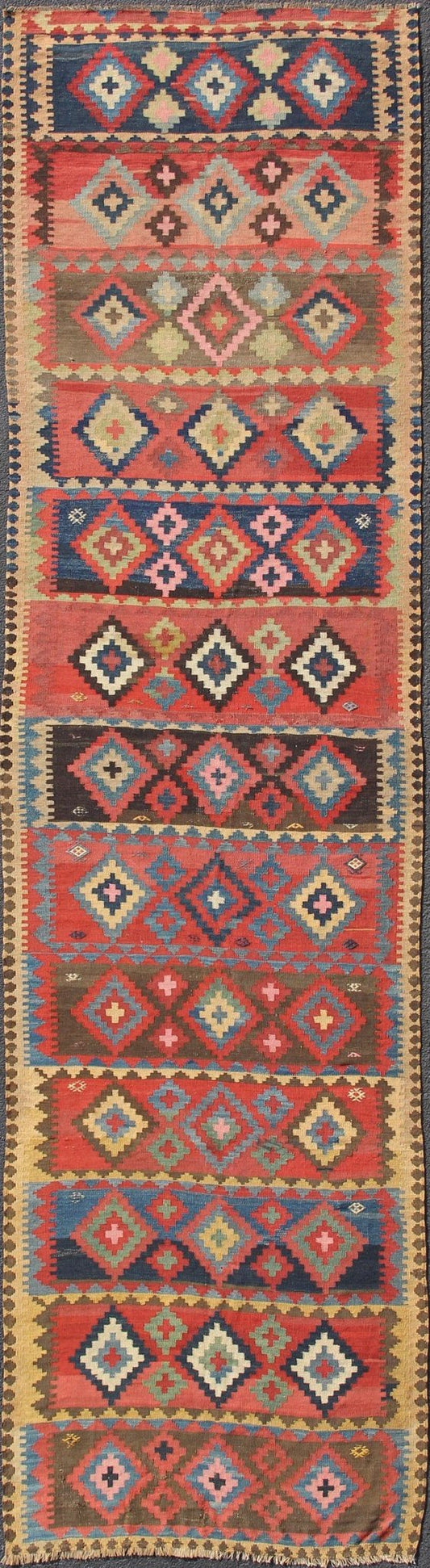 Antique Caucasian Flat - Weave Gallery Size Runner in Geometric Diamond shapes. Tribal Persian Kilim rug with all - over diamond and geometric design, Keivan Woven Arts / rug 19 - 0804, country of origin / type: Iran / Kilim, circa 1900 This a... - Keivan Woven Arts19 - 0804 - 11555