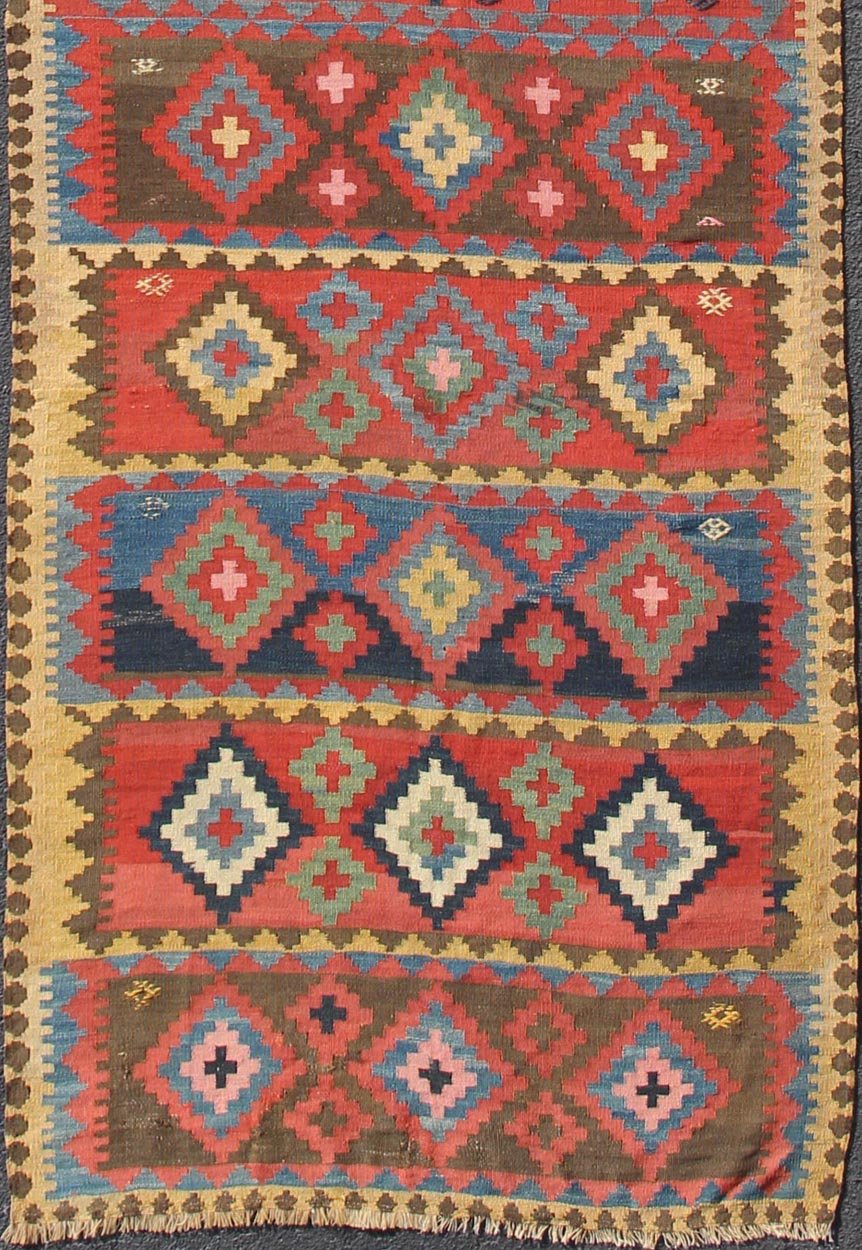 Antique Caucasian Flat - Weave Gallery Size Runner in Geometric Diamond shapes. Tribal Persian Kilim rug with all - over diamond and geometric design, Keivan Woven Arts / rug 19 - 0804, country of origin / type: Iran / Kilim, circa 1900 This a... - Keivan Woven Arts19 - 0804 - 11555Rug