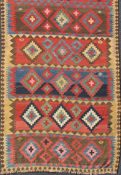 Antique Caucasian Flat - Weave Gallery Size Runner in Geometric Diamond shapes. Tribal Persian Kilim rug with all - over diamond and geometric design, Keivan Woven Arts / rug 19 - 0804, country of origin / type: Iran / Kilim, circa 1900 This a... - Keivan Woven Arts19 - 0804 - 11555Rug