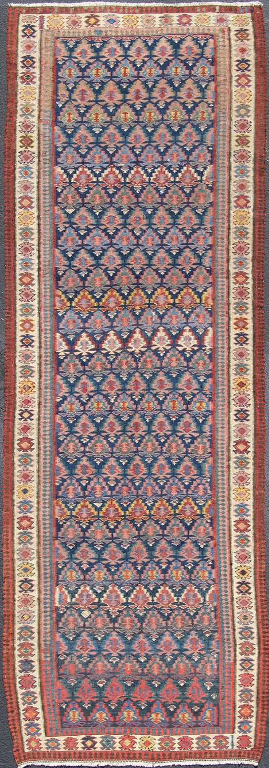 Antique Hand Woven Persian Seneh Kilim Gallery Runner With Geometric and Floral Design Vibrant runner with a beautiful blue color - toned, Geometric Design Kilim Runner antique Kilim Gallery from Persia, Keivan Woven Arts /rug 19 - 0805, country... - Keivan Woven Arts19 - 0805 - 11559Rug