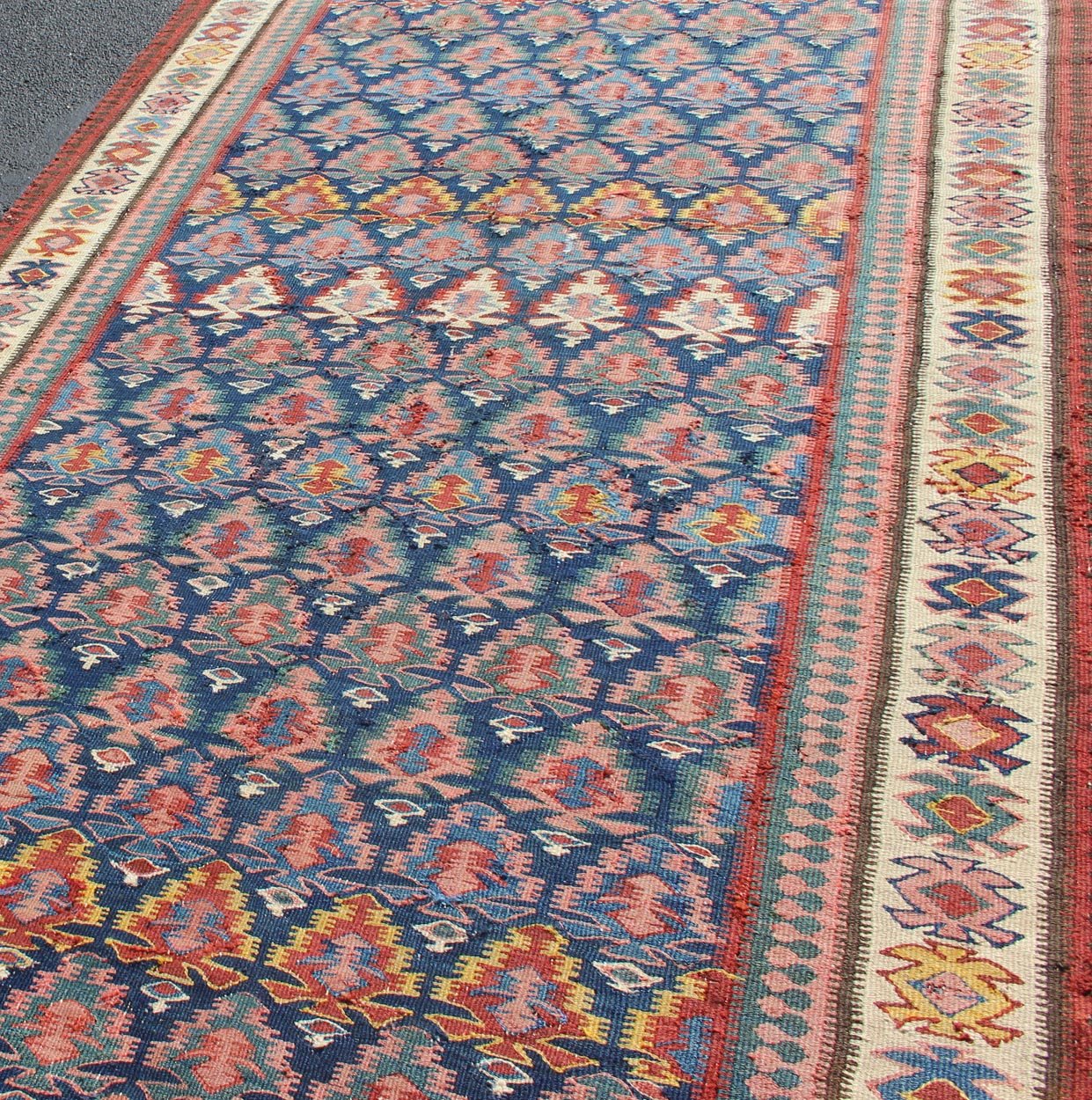 Antique Hand Woven Persian Seneh Kilim Gallery Runner With Geometric and Floral Design Vibrant runner with a beautiful blue color - toned, Geometric Design Kilim Runner antique Kilim Gallery from Persia, Keivan Woven Arts /rug 19 - 0805, country... - Keivan Woven Arts19 - 0805 - 11559Rug