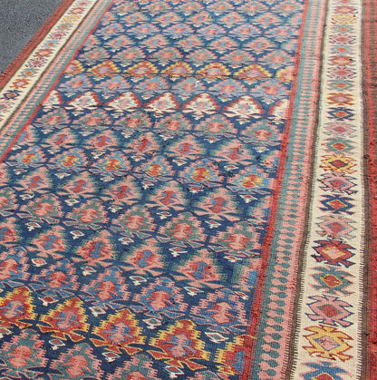 Antique Hand Woven Persian Seneh Kilim Gallery Runner With Geometric and Floral Design Vibrant runner with a beautiful blue color - toned, Geometric Design Kilim Runner antique Kilim Gallery from Persia, Keivan Woven Arts /rug 19 - 0805, country... - Keivan Woven Arts19 - 0805 - 11559Rug