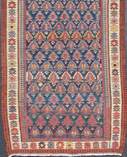 Antique Hand Woven Persian Seneh Kilim Gallery Runner With Geometric and Floral Design Vibrant runner with a beautiful blue color - toned, Geometric Design Kilim Runner antique Kilim Gallery from Persia, Keivan Woven Arts /rug 19 - 0805, country... - Keivan Woven Arts19 - 0805 - 11559Rug