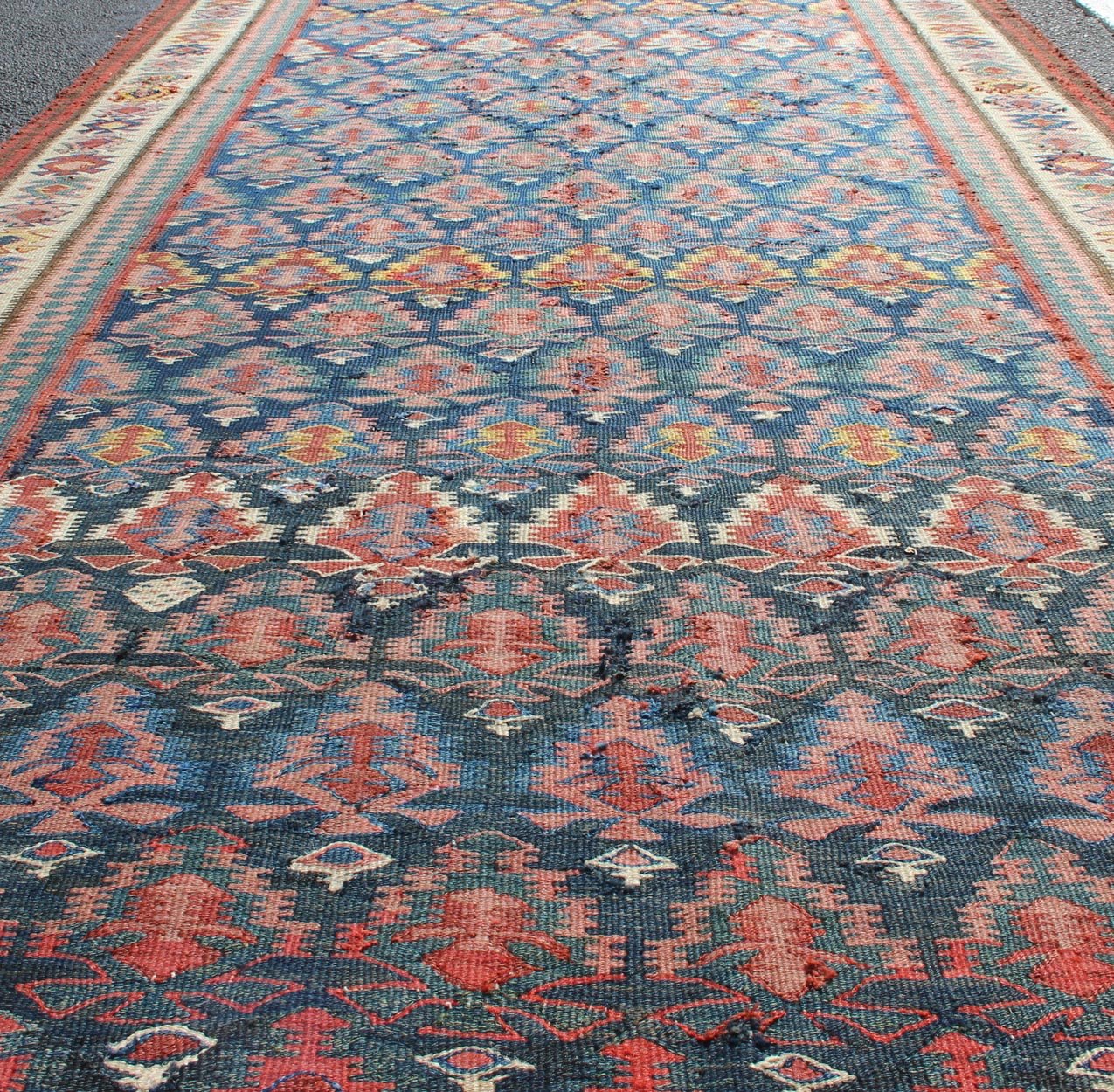 Antique Hand Woven Persian Seneh Kilim Gallery Runner With Geometric and Floral Design Vibrant runner with a beautiful blue color - toned, Geometric Design Kilim Runner antique Kilim Gallery from Persia, Keivan Woven Arts /rug 19 - 0805, country... - Keivan Woven Arts19 - 0805 - 11559Rug