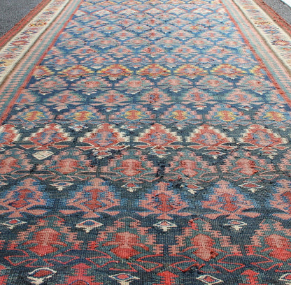 Antique Hand Woven Persian Seneh Kilim Gallery Runner With Geometric and Floral Design Vibrant runner with a beautiful blue color - toned, Geometric Design Kilim Runner antique Kilim Gallery from Persia, Keivan Woven Arts /rug 19 - 0805, country... - Keivan Woven Arts19 - 0805 - 11559Rug