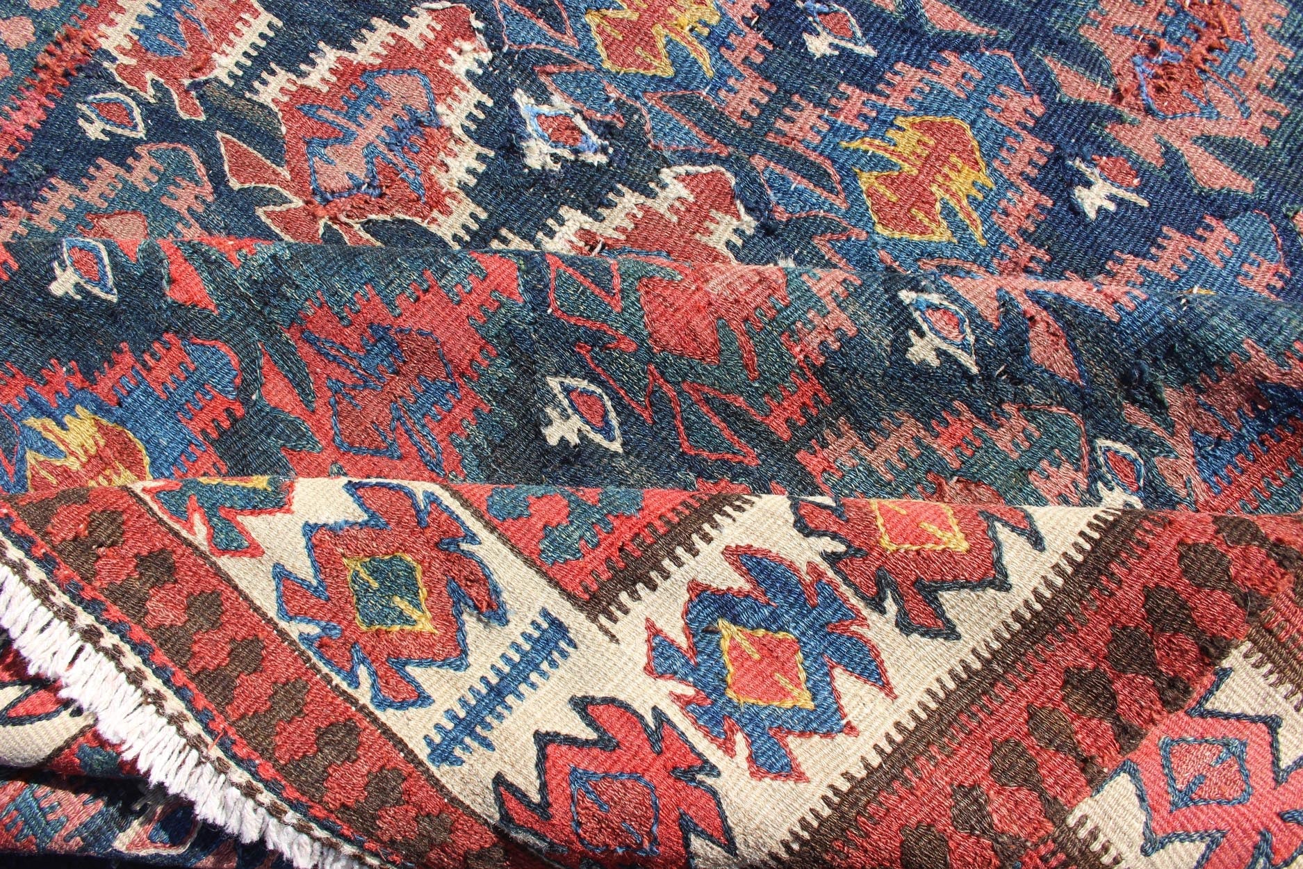Antique Hand Woven Persian Seneh Kilim Gallery Runner With Geometric and Floral Design Vibrant runner with a beautiful blue color - toned, Geometric Design Kilim Runner antique Kilim Gallery from Persia, Keivan Woven Arts /rug 19 - 0805, country... - Keivan Woven Arts19 - 0805 - 11559Rug