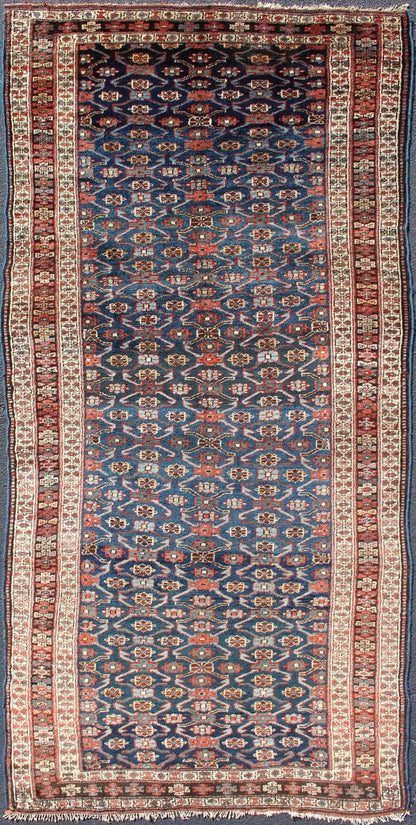 Antique Kurdish Gallery Rug with All - Over Geometric large scale Herati Design in Steel Blue Background, cream and brown border, with accent colors of red, blue, green, ivory and Light blue, Keivan Woven Arts/rug 19 - 0808, country of origin / type: Iran ... - Keivan Woven Arts19 - 0808 - 11575Rug