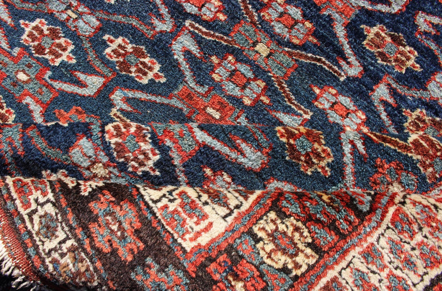 Antique Kurdish Gallery Rug with All - Over Geometric large scale Herati Design in Steel Blue Background, cream and brown border, with accent colors of red, blue, green, ivory and Light blue, Keivan Woven Arts/rug 19 - 0808, country of origin / type: Iran ... - Keivan Woven Arts19 - 0808 - 11575Rug