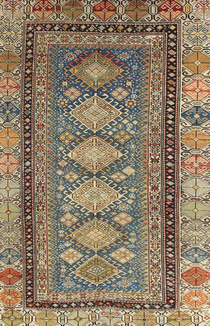 Antique 19th Century Caucasian Shirvan Rug with Medallions in Teal blue Background and Multi Colors. Shirvan Antique Caucasian Rug in Colorful Tones, rug 19 - 0810, country of origin / type: Caucasus / Shirvan, circa 1880 This colorful medall... - Keivan Woven Arts19 - 0810 - 11581Rug