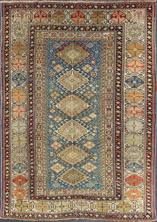 Antique 19th Century Caucasian Shirvan Rug with Medallions in Teal blue Background and Multi Colors. Shirvan Antique Caucasian Rug in Colorful Tones, rug 19 - 0810, country of origin / type: Caucasus / Shirvan, circa 1880 This colorful medall... - Keivan Woven Arts19 - 0810 - 11581Rug