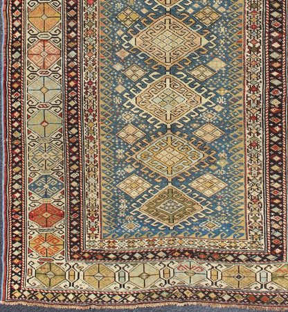 Antique 19th Century Caucasian Shirvan Rug with Medallions in Teal blue Background and Multi Colors. Shirvan Antique Caucasian Rug in Colorful Tones, rug 19 - 0810, country of origin / type: Caucasus / Shirvan, circa 1880 This colorful medall... - Keivan Woven Arts19 - 0810 - 11581Rug