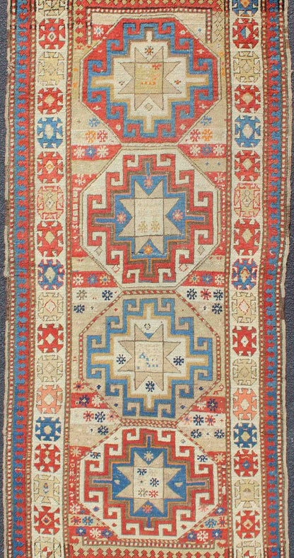 Multicolored Medallion Antique Caucasian Kazak Rug with Geometric Medallions Geometric Medallion antique Caucasian Kazak rug in lighter tones. Keivan Woven Arts / rug 19 - 0811, country of origin / type: Iran / Caucasian Kazak, circa 1880. ... - Keivan Woven Arts19 - 0811 - 11585Rug