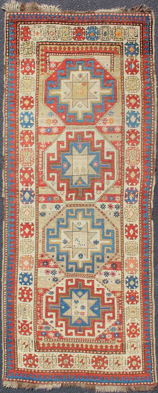 Multicolored Medallion Antique Caucasian Kazak Rug with Geometric Medallions Geometric Medallion antique Caucasian Kazak rug in lighter tones. Keivan Woven Arts / rug 19 - 0811, country of origin / type: Iran / Caucasian Kazak, circa 1880. ... - Keivan Woven Arts19 - 0811 - 11585Rug