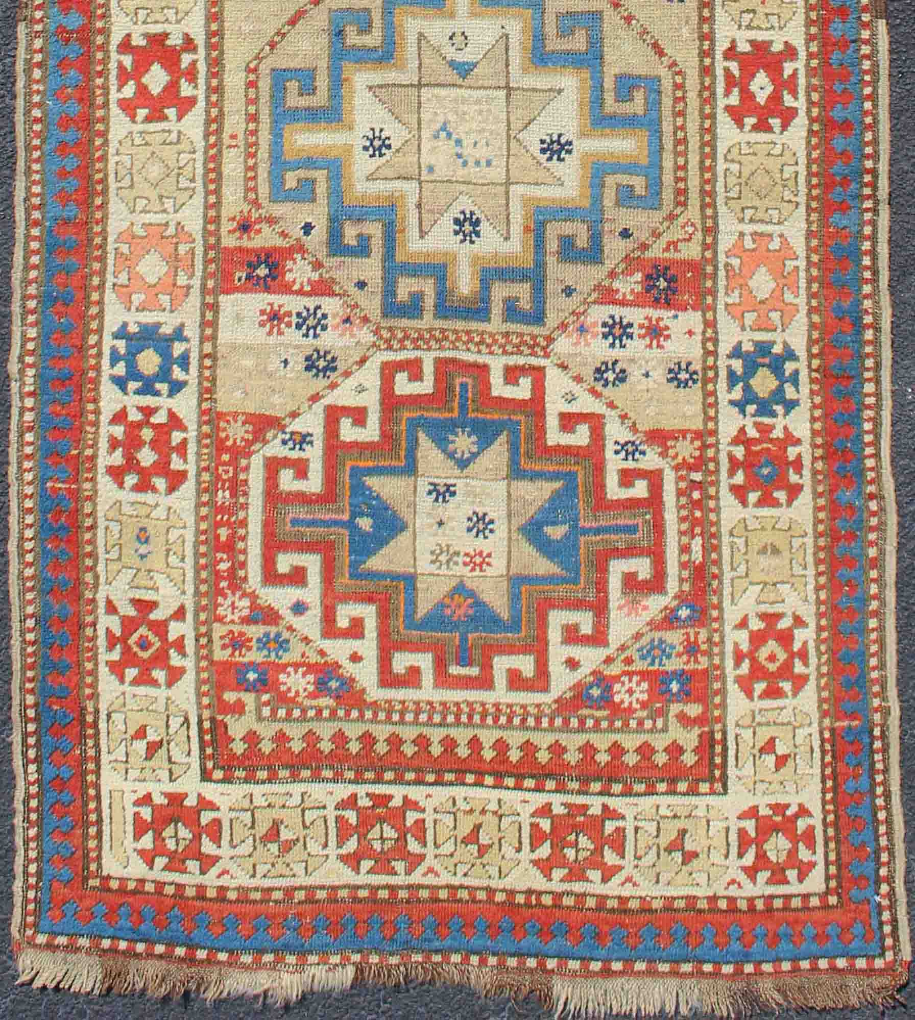 Multicolored Medallion Antique Caucasian Kazak Rug with Geometric Medallions Geometric Medallion antique Caucasian Kazak rug in lighter tones. Keivan Woven Arts / rug 19 - 0811, country of origin / type: Iran / Caucasian Kazak, circa 1880. ... - Keivan Woven Arts19 - 0811 - 11585Rug