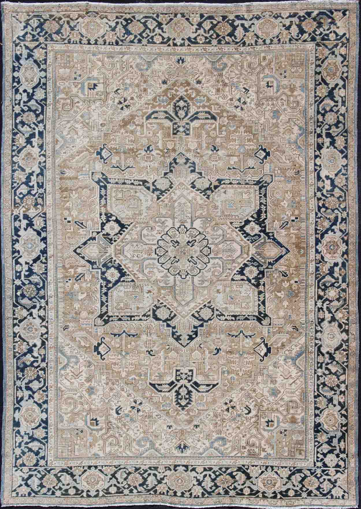 Vintage Persian Heriz Runner with Geometric Design in Taupe, Blue - Gray Intricately designed geometric Persian Heriz carpet. Antique Persian Heriz Rug with Geometric Medallion Design in Taupe, Blue - Gray. Keivan Woven Arts / rug 19 - 0814, country o... - Keivan Woven Arts19 - 0814 - 11595Rug