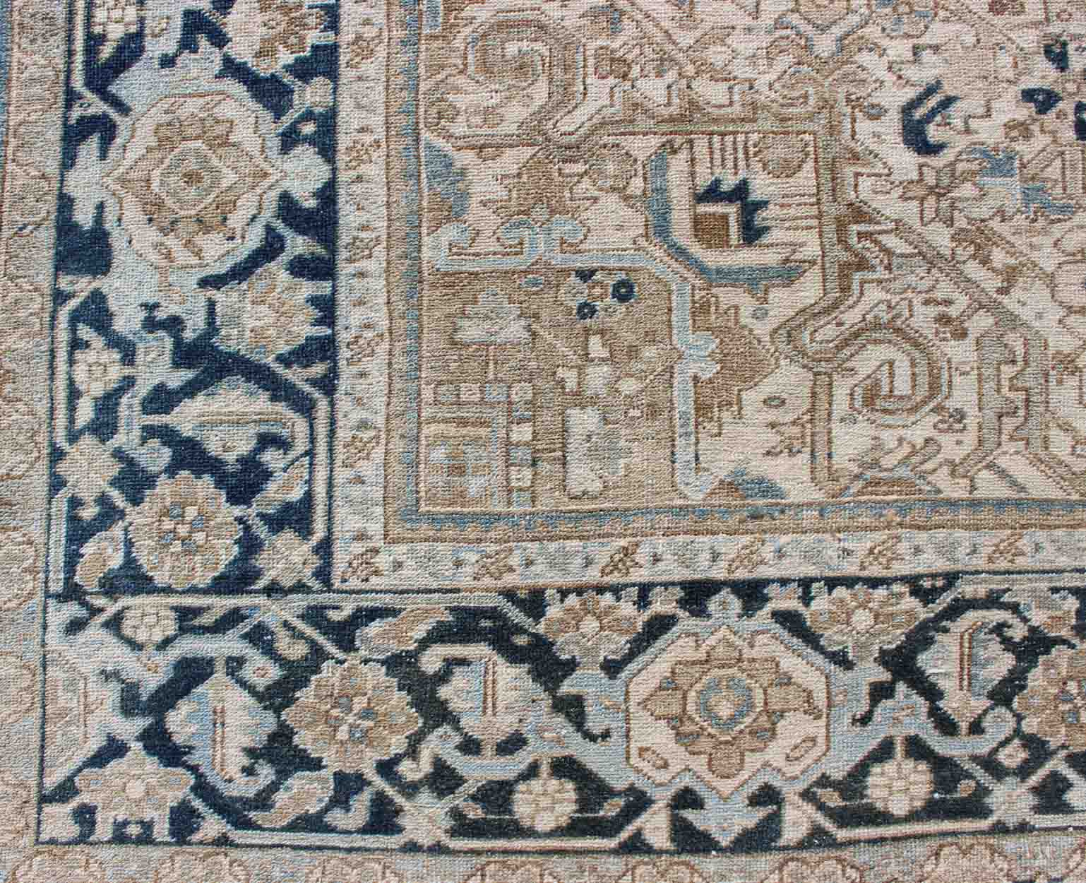 Vintage Persian Heriz Runner with Geometric Design in Taupe, Blue - Gray Intricately designed geometric Persian Heriz carpet. Antique Persian Heriz Rug with Geometric Medallion Design in Taupe, Blue - Gray. Keivan Woven Arts / rug 19 - 0814, country o... - Keivan Woven Arts19 - 0814 - 11595Rug
