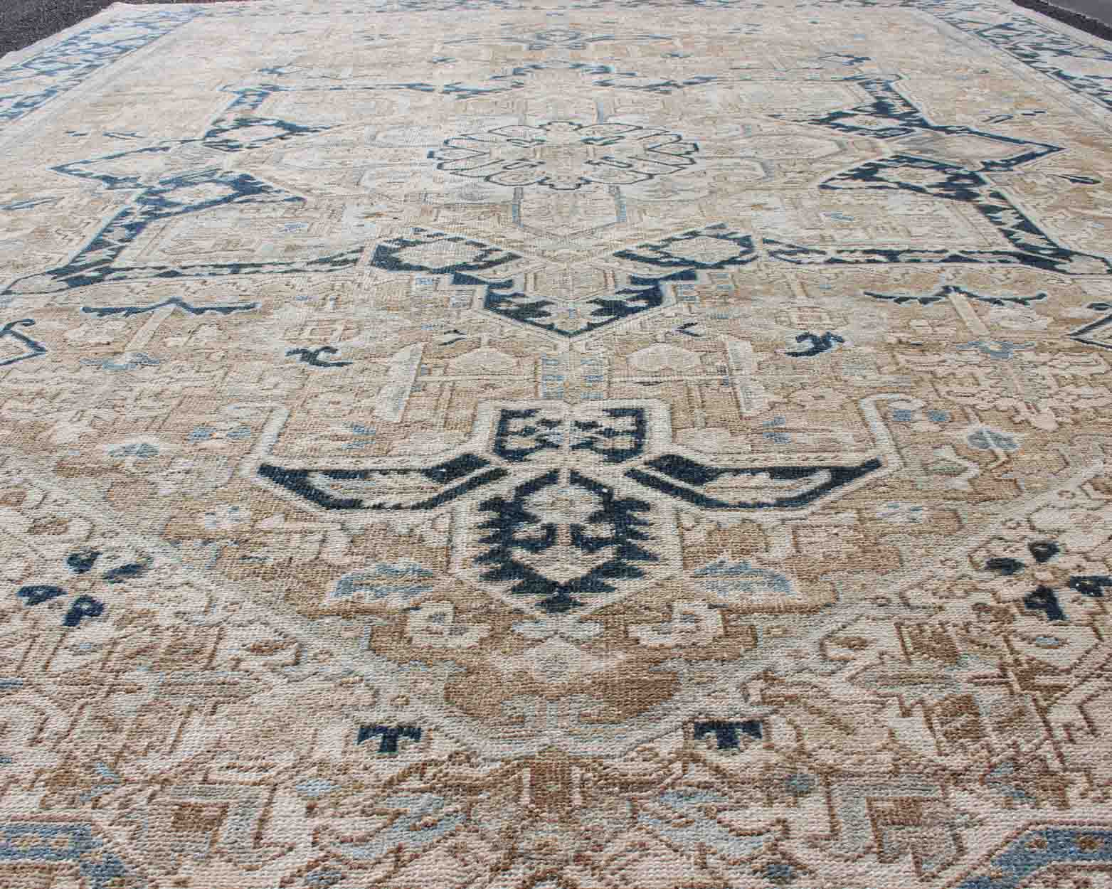 Vintage Persian Heriz Runner with Geometric Design in Taupe, Blue - Gray Intricately designed geometric Persian Heriz carpet. Antique Persian Heriz Rug with Geometric Medallion Design in Taupe, Blue - Gray. Keivan Woven Arts / rug 19 - 0814, country o... - Keivan Woven Arts19 - 0814 - 11595Rug