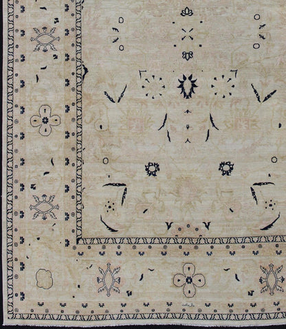 Afghan All - Over Tabriz Rug in Blue, Cream and light Butter Color Keivan Woven Arts Intricate floral and medallion design vintage Persian Tabriz rug in neutral colors, rug 19 - 0815, country of origin / type: Iran / Tabriz, circa 1980 ... - Keivan Woven Arts19 - 0815 - 11601Rug