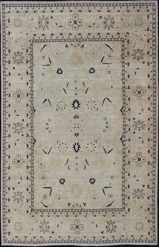Afghan All - Over Tabriz Rug in Blue, Cream and light Butter Color Keivan Woven Arts Intricate floral and medallion design vintage Persian Tabriz rug in neutral colors, rug 19 - 0815, country of origin / type: Iran / Tabriz, circa 1980 ... - Keivan Woven Arts19 - 0815 - 11601