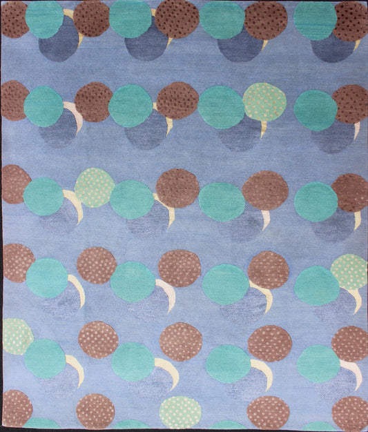 Fine Nepalese Rug in Modern Design With Wool and Silk Nepalese Modern rug with circle design in blue, purple, teal, brown and Ivory, rug 19 - 0821, country of origin / type: Nepal / Modern Measures: 8'1 x 9'11. Nepalese Modern rug i... - Keivan Woven Arts19 - 0821 - 1901Rug