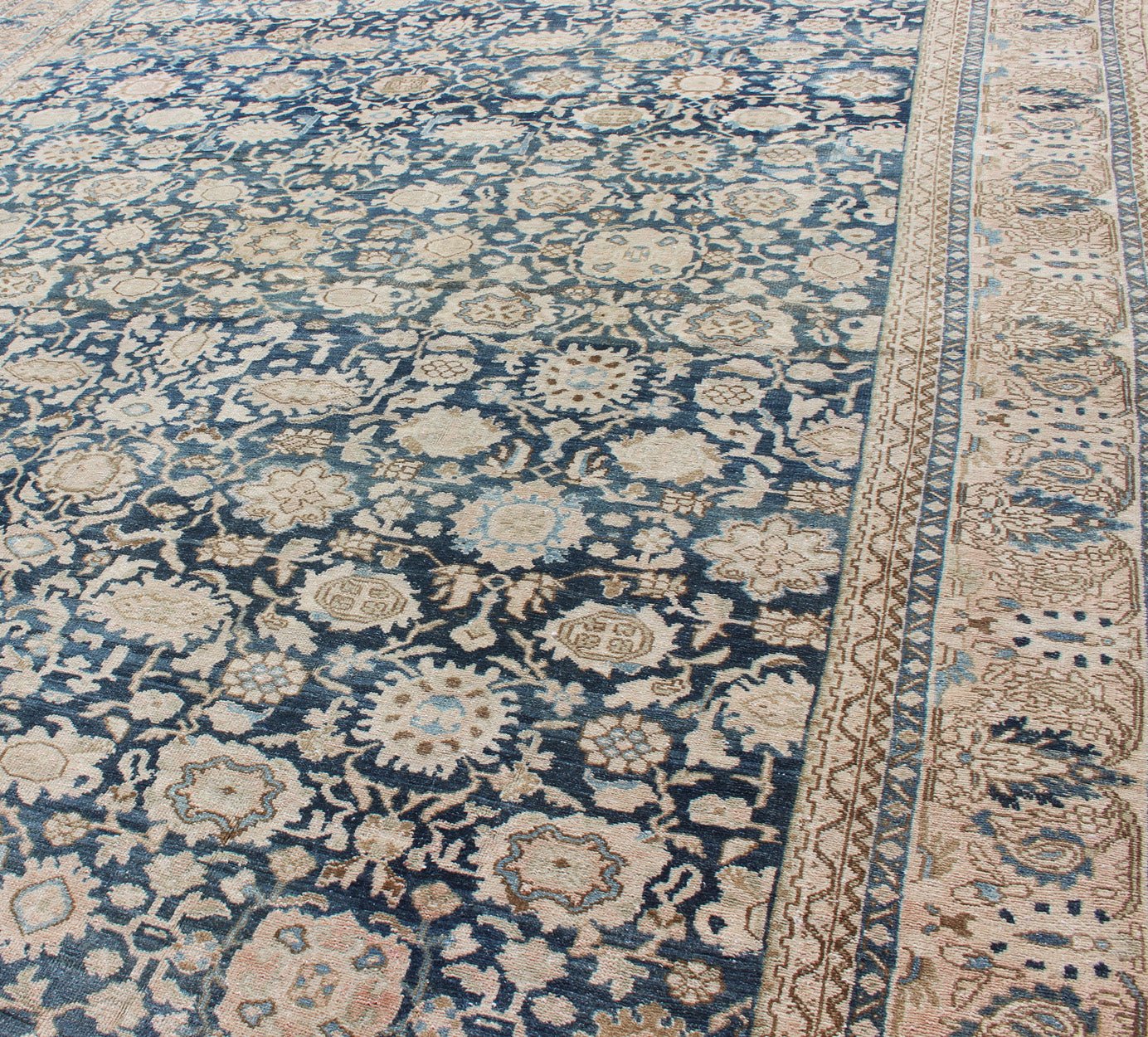 All - Over Blue Floral Persian Hamadan Rug in navy Blue and Earthy Tones Antique large Persian rug in navy tones with geometric motifs, rug 19 - 1101 , country of origin / type: Iran / Hamadan, circa 1920. This large Persian antique Hamadan ... - Keivan Woven Arts19 - 1101 - 11605Rug
