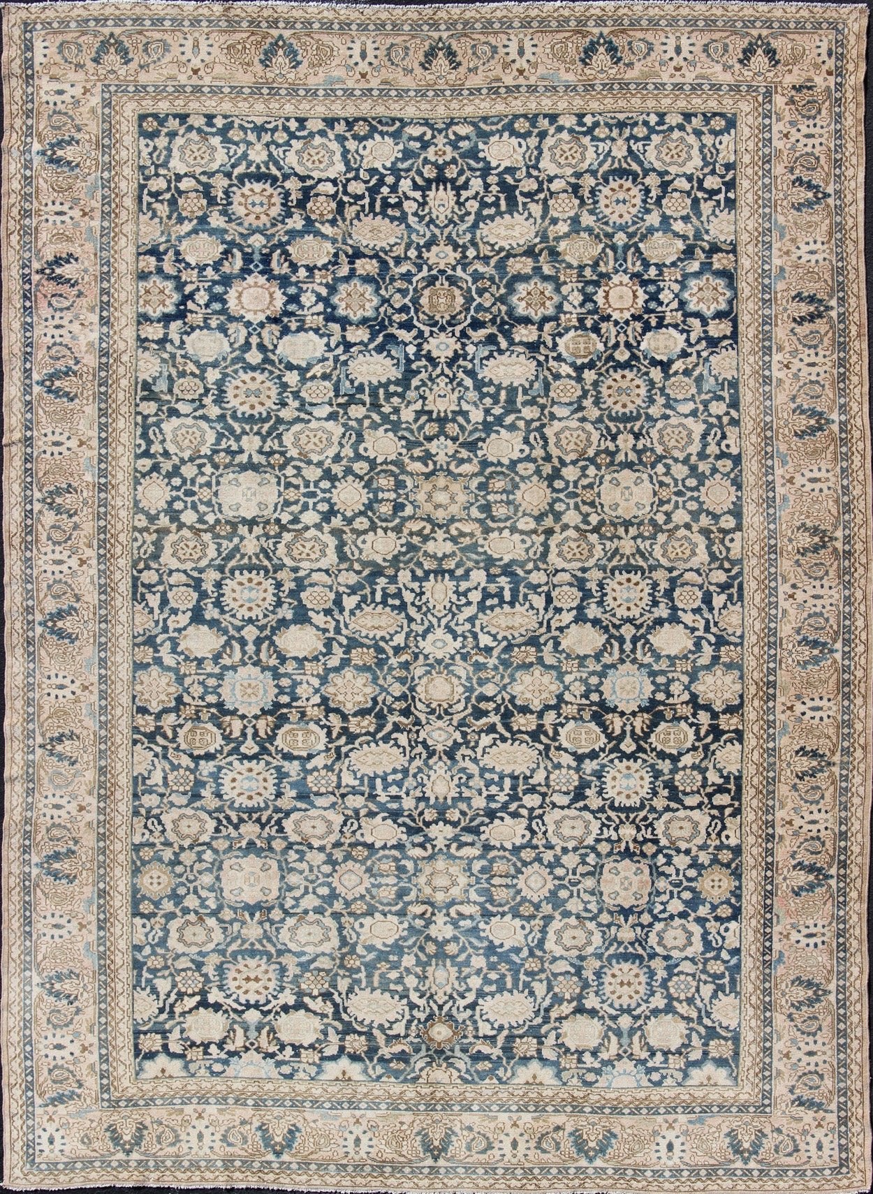All - Over Blue Floral Persian Hamadan Rug in navy Blue and Earthy Tones Antique large Persian rug in navy tones with geometric motifs, rug 19 - 1101 , country of origin / type: Iran / Hamadan, circa 1920. This large Persian antique Hamadan ... - Keivan Woven Arts19 - 1101 - 11605Rug