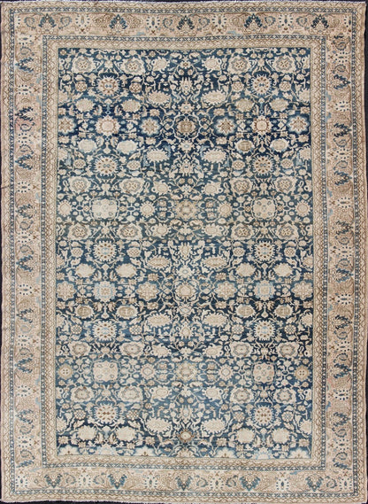 All - Over Blue Floral Persian Hamadan Rug in navy Blue and Earthy Tones Antique large Persian rug in navy tones with geometric motifs, rug 19 - 1101 , country of origin / type: Iran / Hamadan, circa 1920. This large Persian antique Hamadan ... - Keivan Woven Arts19 - 1101 - 11605Rug