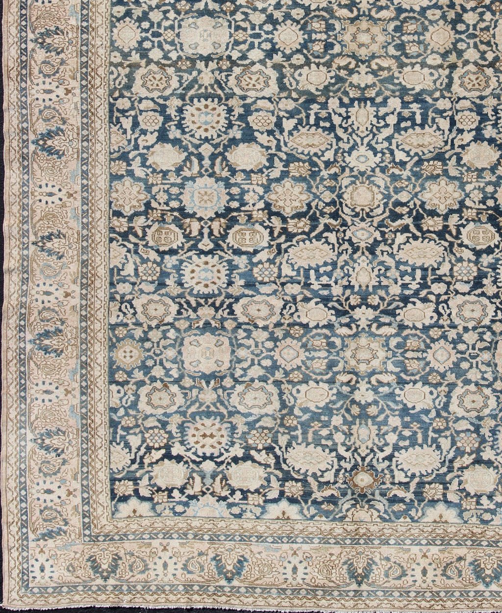 All - Over Blue Floral Persian Hamadan Rug in navy Blue and Earthy Tones Antique large Persian rug in navy tones with geometric motifs, rug 19 - 1101 , country of origin / type: Iran / Hamadan, circa 1920. This large Persian antique Hamadan ... - Keivan Woven Arts19 - 1101 - 11605Rug