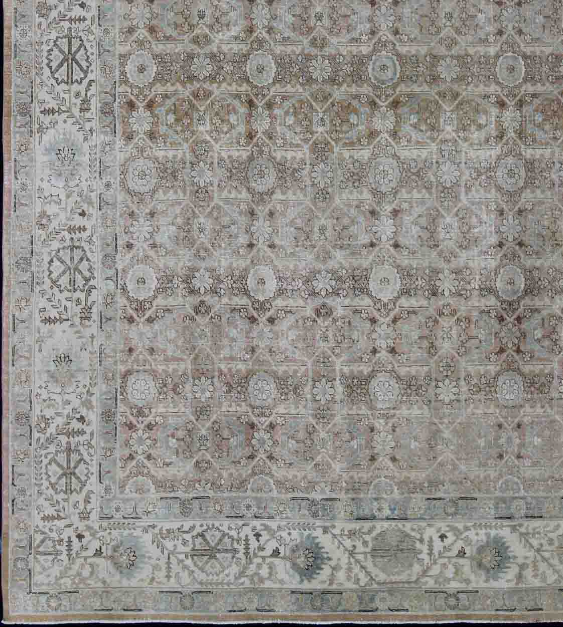 Persian Tabriz with Floral Design in Ivory, Blue, Blush, Brown Antique Persian Tabriz rug with all - over floral design in ivory, blush, brown, light blue. Keivan Woven Arts / rug 1912 - 132, country of origin / type: Iran / Tabriz, circa 1920 Me... - Keivan Woven Arts1912 - 132 - 12261Rug