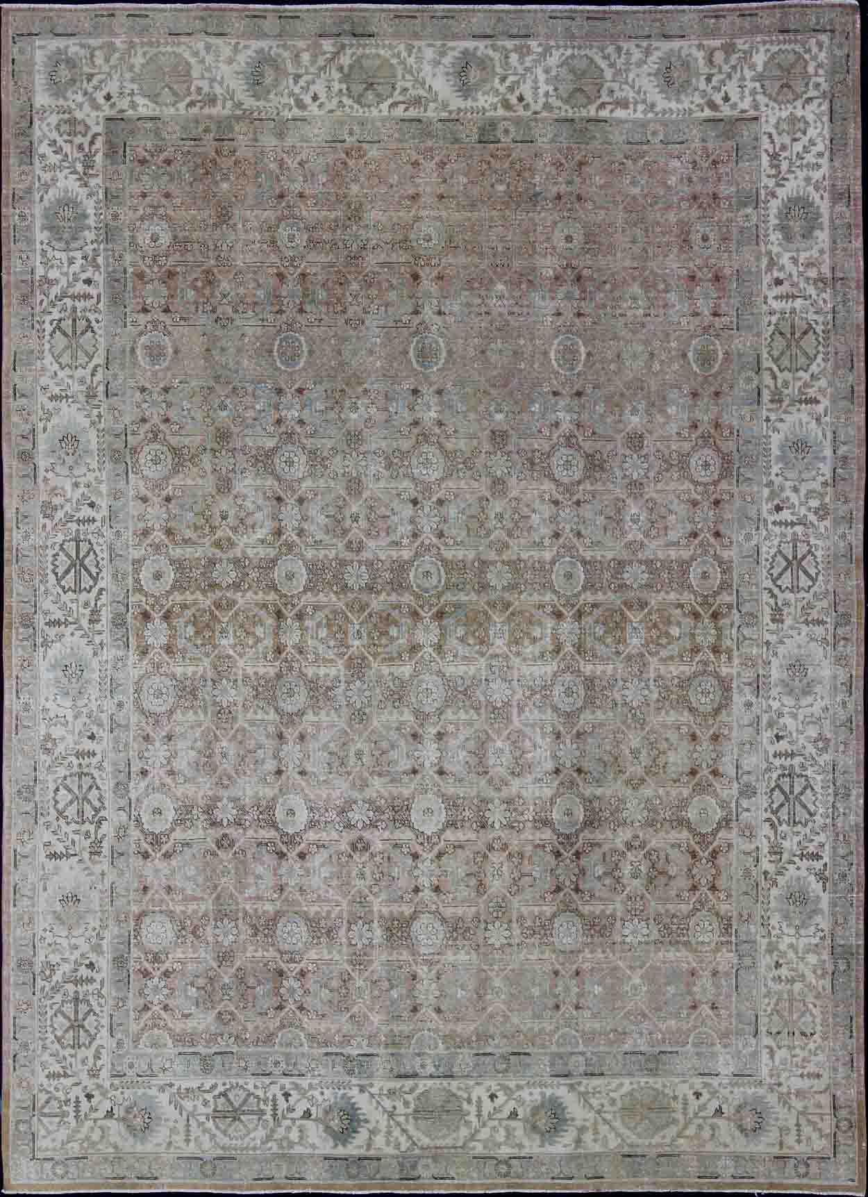 Persian Tabriz with Floral Design in Ivory, Blue, Blush, Brown Antique Persian Tabriz rug with all - over floral design in ivory, blush, brown, light blue. Keivan Woven Arts / rug 1912 - 132, country of origin / type: Iran / Tabriz, circa 1920 Me... - Keivan Woven Arts1912 - 132 - 12261Rug