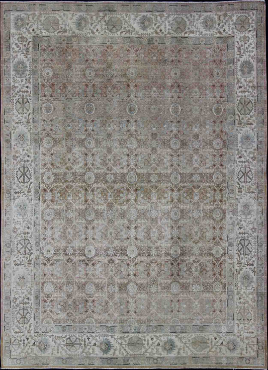 Persian Tabriz with Floral Design in Ivory, Blue, Blush, Brown Antique Persian Tabriz rug with all - over floral design in ivory, blush, brown, light blue. Keivan Woven Arts / rug 1912 - 132, country of origin / type: Iran / Tabriz, circa 1920 Me... - Keivan Woven Arts1912 - 132 - 12261Rug