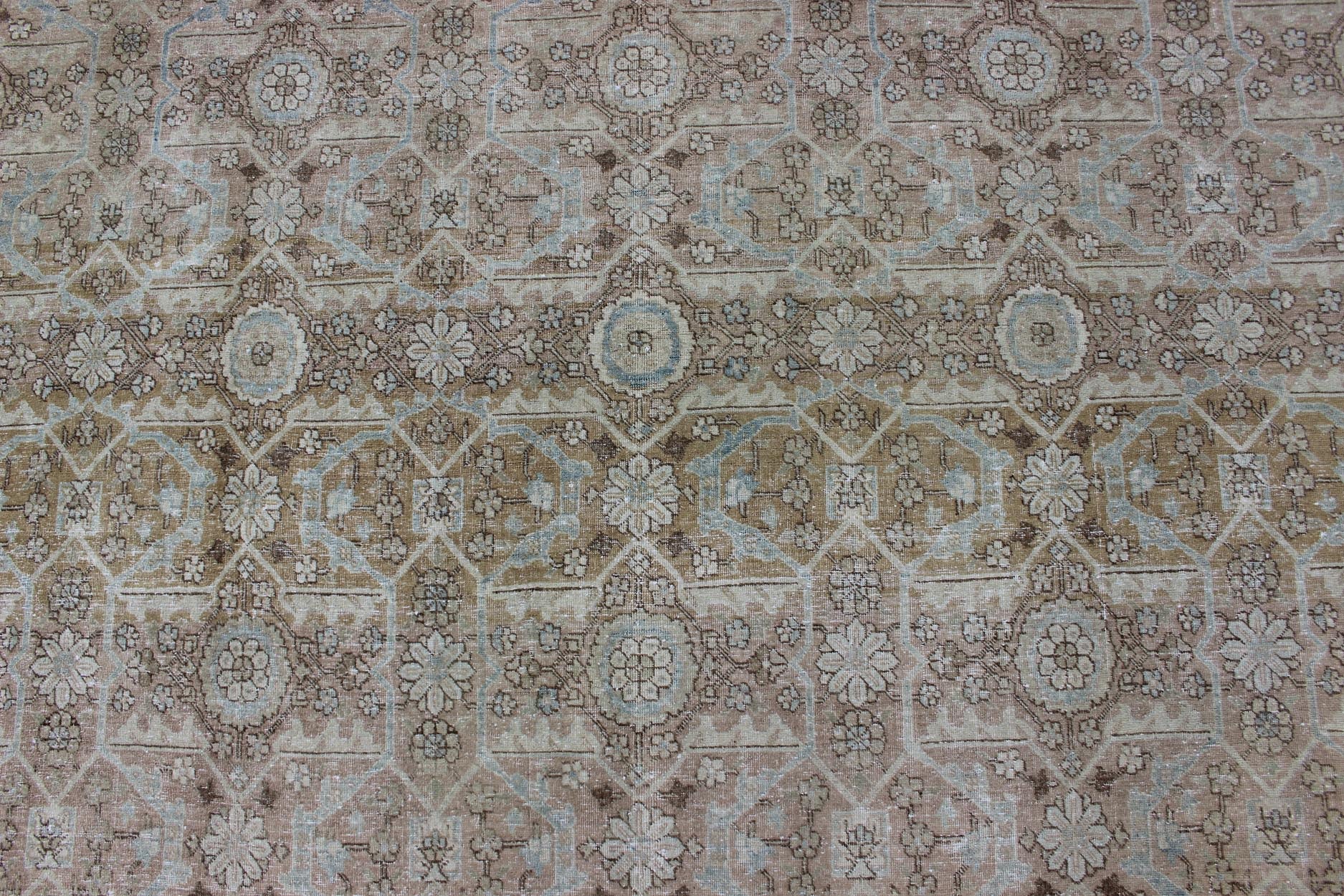 Persian Tabriz with Floral Design in Ivory, Blue, Blush, Brown Antique Persian Tabriz rug with all - over floral design in ivory, blush, brown, light blue. Keivan Woven Arts / rug 1912 - 132, country of origin / type: Iran / Tabriz, circa 1920 Me... - Keivan Woven Arts1912 - 132 - 12261Rug