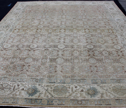 Persian Tabriz with Floral Design in Ivory, Blue, Blush, Brown Antique Persian Tabriz rug with all - over floral design in ivory, blush, brown, light blue. Keivan Woven Arts / rug 1912 - 132, country of origin / type: Iran / Tabriz, circa 1920 Me... - Keivan Woven Arts1912 - 132 - 12261Rug