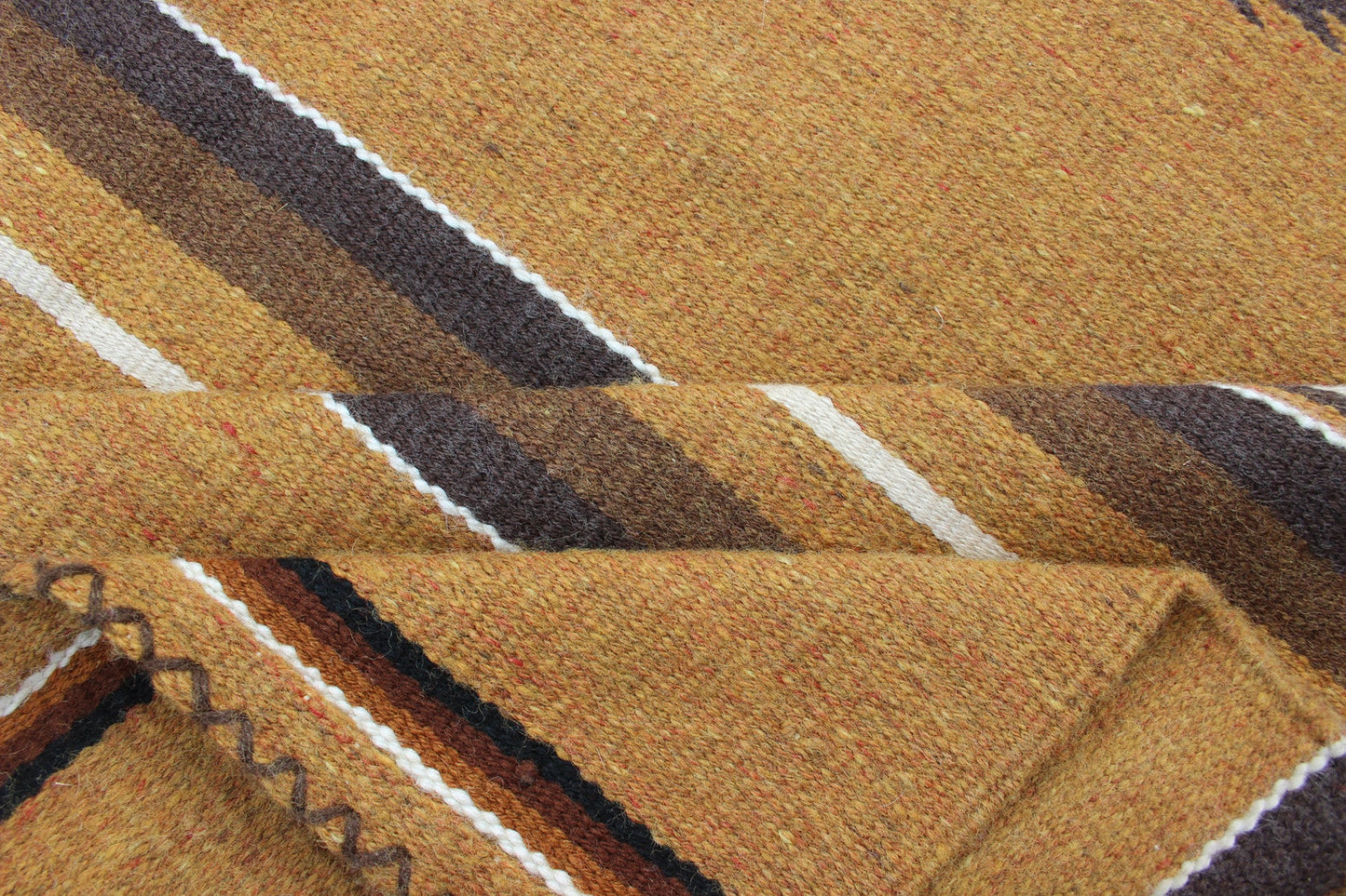 Mexican Serapi design in Navajo style with Tribal Design in Earthy Tones 1930s Mexican rug, American Navajo style Kilim with geometric design in Marigold, brown, and ivory rug 1912 - 1511, country of origin / type: America / Navajo, circa 1930 ... - Keivan Woven Arts1912 - 1511 - 12293Rug