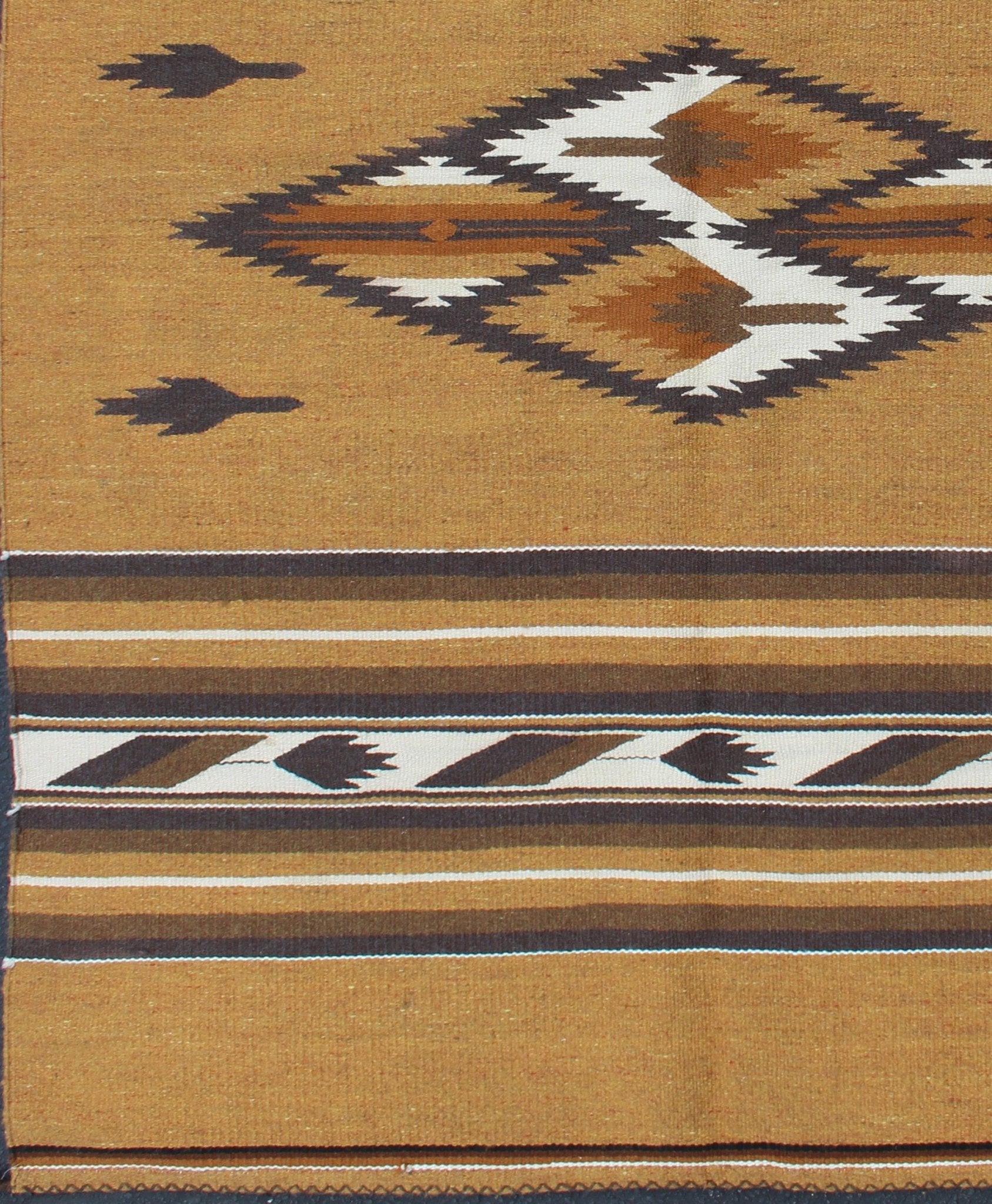 Mexican Serapi design in Navajo style with Tribal Design in Earthy Tones 1930s Mexican rug, American Navajo style Kilim with geometric design in Marigold, brown, and ivory rug 1912 - 1511, country of origin / type: America / Navajo, circa 1930 ... - Keivan Woven Arts1912 - 1511 - 12293Rug