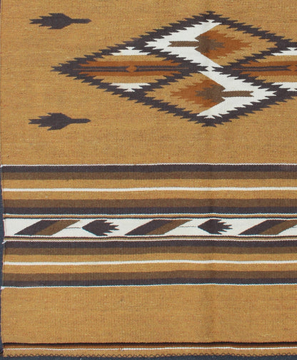Mexican Serapi design in Navajo style with Tribal Design in Earthy Tones 1930s Mexican rug, American Navajo style Kilim with geometric design in Marigold, brown, and ivory rug 1912 - 1511, country of origin / type: America / Navajo, circa 1930 ... - Keivan Woven Arts1912 - 1511 - 12293Rug