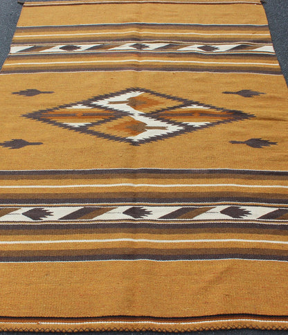 Mexican Serapi design in Navajo style with Tribal Design in Earthy Tones 1930s Mexican rug, American Navajo style Kilim with geometric design in Marigold, brown, and ivory rug 1912 - 1511, country of origin / type: America / Navajo, circa 1930 ... - Keivan Woven Arts1912 - 1511 - 12293Rug