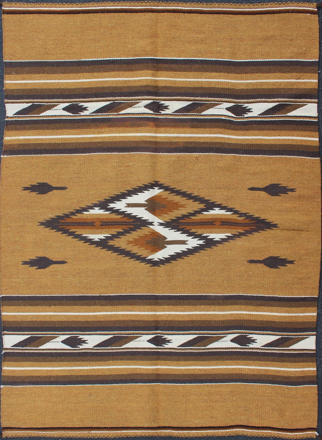 Mexican Serapi design in Navajo style with Tribal Design in Earthy Tones 1930s Mexican rug, American Navajo style Kilim with geometric design in Marigold, brown, and ivory rug 1912 - 1511, country of origin / type: America / Navajo, circa 1930 ... - Keivan Woven Arts1912 - 1511 - 12293Rug