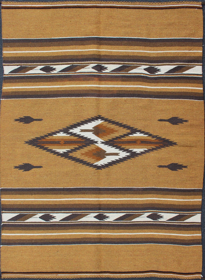 Mexican Serapi design in Navajo style with Tribal Design in Earthy Tones 1930s Mexican rug, American Navajo style Kilim with geometric design in Marigold, brown, and ivory rug 1912 - 1511, country of origin / type: America / Navajo, circa 1930 ... - Keivan Woven Arts1912 - 1511 - 12293Rug