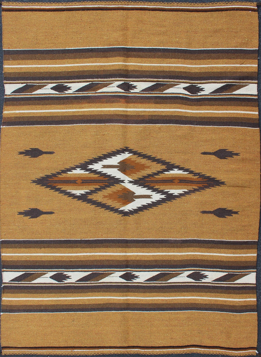 Mexican Serapi design in Navajo style with Tribal Design in Earthy Tones 1930s Mexican rug, American Navajo style Kilim with geometric design in Marigold, brown, and ivory rug 1912 - 1511, country of origin / type: America / Navajo, circa 1930 ... - Keivan Woven Arts1912 - 1511 - 12293Rug