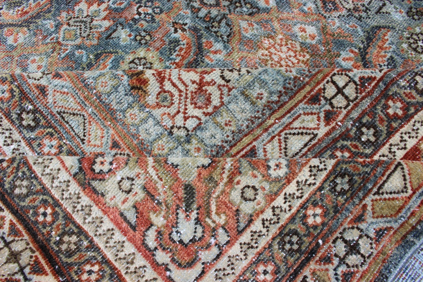 Distressed Antique Persian Sultanabad Rug in Steel Blue Background, Green, Red. Sultanabad Mahal antique rug from Persia with all - over geometric design and small medallion and four cornices. Keivan Woven Arts/ rug 1912 - 175, country of origin / type: Ir... - Keivan Woven Arts1912 - 175 - 12267Rug