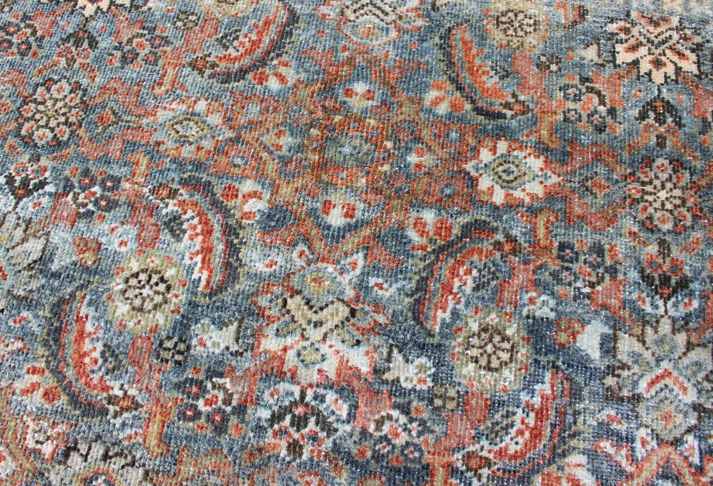 Distressed Antique Persian Sultanabad Rug in Steel Blue Background, Green, Red. Sultanabad Mahal antique rug from Persia with all - over geometric design and small medallion and four cornices. Keivan Woven Arts/ rug 1912 - 175, country of origin / type: Ir... - Keivan Woven Arts1912 - 175 - 12267Rug