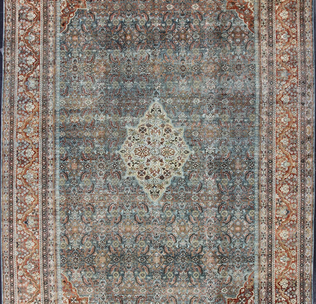 Distressed Antique Persian Sultanabad Rug in Steel Blue Background, Green, Red. Sultanabad Mahal antique rug from Persia with all - over geometric design and small medallion and four cornices. Keivan Woven Arts/ rug 1912 - 175, country of origin / type: Ir... - Keivan Woven Arts1912 - 175 - 12267Rug