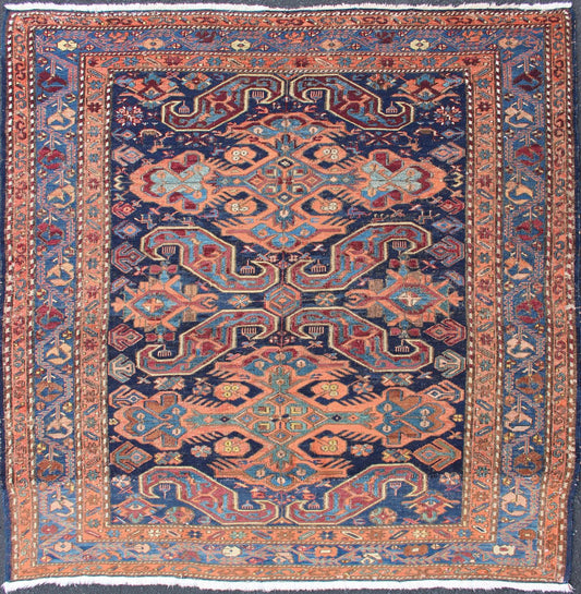 Antique Caucasian 19th Century Sumac Rug in Varying Colors of Orange and Blue. Keivan Woven Arts / rug 1912 - 23, country of origin / type: Caucus / Caucasian, circa 1900. Measures: 5'3 x 5'5. This magnificent antique Caucasian Sumac rug from the e... - Keivan Woven Arts1912 - 23 - 12237Rug