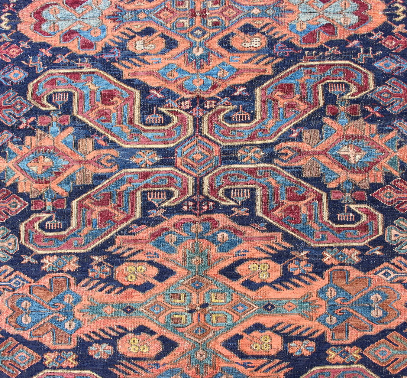 Antique Caucasian 19th Century Sumac Rug in Varying Colors of Orange and Blue. Keivan Woven Arts / rug 1912 - 23, country of origin / type: Caucus / Caucasian, circa 1900. Measures: 5'3 x 5'5. This magnificent antique Caucasian Sumac rug from the e... - Keivan Woven Arts1912 - 23 - 12237Rug