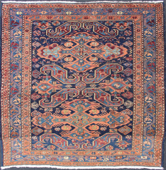 Antique Caucasian 19th Century Sumac Rug in Varying Colors of Orange and Blue. Keivan Woven Arts / rug 1912 - 23, country of origin / type: Caucus / Caucasian, circa 1900. Measures: 5'3 x 5'5. This magnificent antique Caucasian Sumac rug from the e... - Keivan Woven Arts1912 - 23 - 12237
